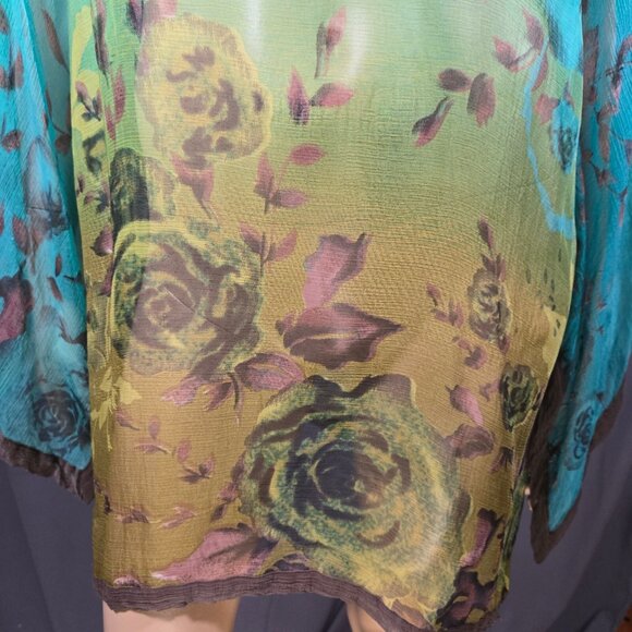 Vintage Floral Caftan Sheer Beach Cover Up Dress Size M Teal Green Brown Beaded - Picture 4 of 9